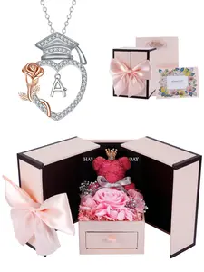 Graduation Heart Rose Necklace With Moss Bear Rose Jewelry Gift Box, Bachelor Cap Pendant Necklace for Women, Graduation Jewelry for Friend Girlfriend, Heart Shaped Necklace
