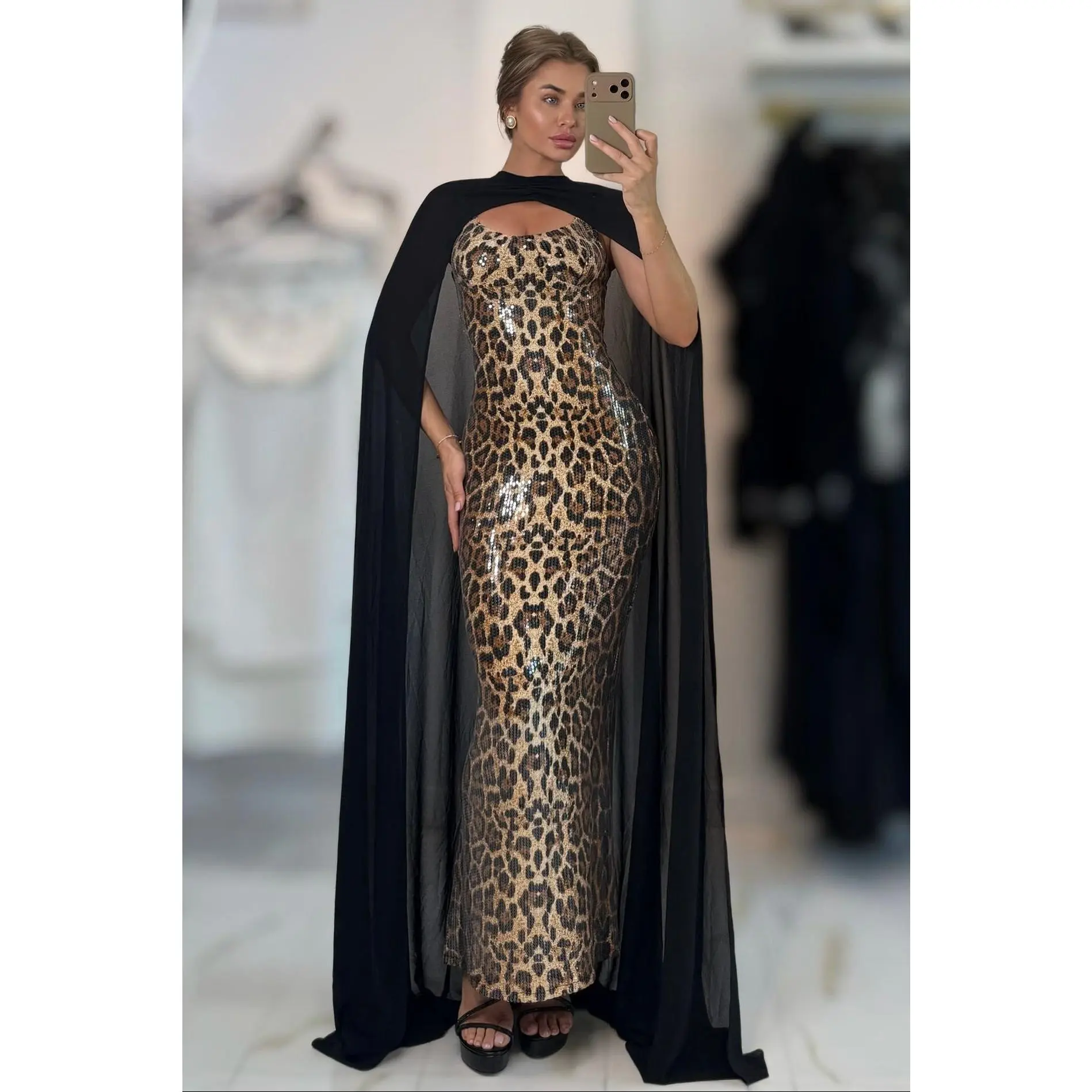 Jessica Bara Larela Sequin Cheetah Print Gown with Removable Cape