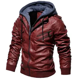 Business Slim  Zipper Motorcycle Leather Jacket Men  Unload Hooded PU Leather Jackets Autumn Coat  Size Coat