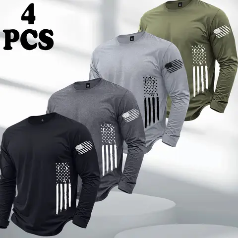 Men's 4-Pack Fitted Long Sleeve Graphic Print T-Shirts - Polyester Crew Neck Tees with USA Flag Print, Street-Style Vibe, All-Season Casual Sportswear
