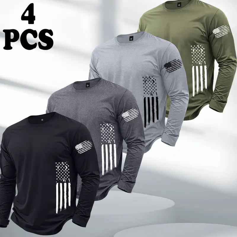 Men's 4-Pack Fitted Long Sleeve Graphic Print T-Shirts - Polyester Crew Neck Tees with USA Flag Print, Street-Style Vibe, All-Season Casual Sportswear