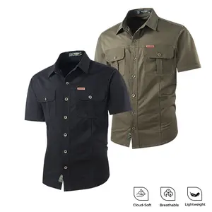 2 Pack Men's 100% Cotton Short Sleeve Cargo Shirts, Cloud-Soft Breathable Lightweight High Density Wind Resistant Durable Work Shirts with Chest Pockets, Loose Fit 3D Tailored Casual Tops for Hiking Fishing Camping Daily Wear auto