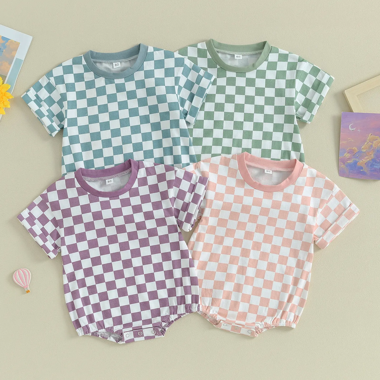 Afunbaby Infant Baby Boy Girl Checkered Bubble Romper Oversized Short Sleeve Onesie Bodysuit Newborn Baby Summer Clothes