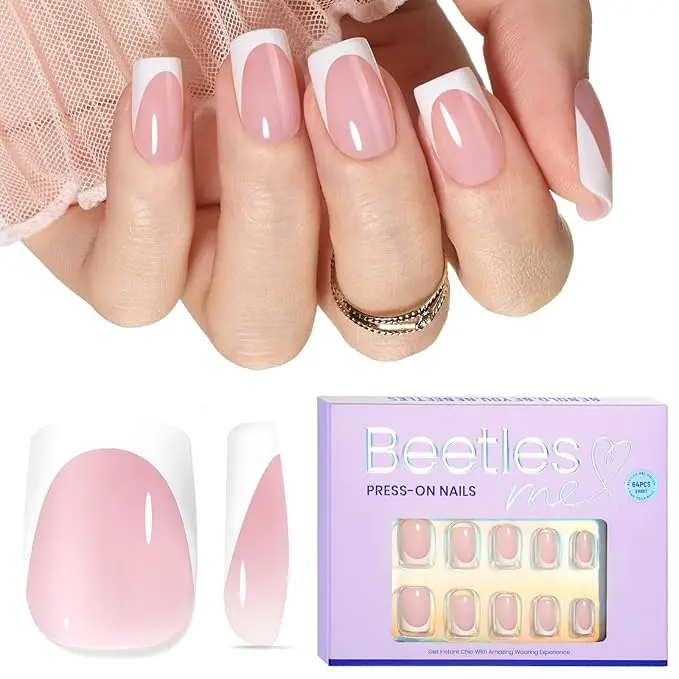 Beetles Press on Nails & Toe Tips - Pre-Designed Reusable Soft Gel Tips with Glue, Slim Rear Hugs Your Nail, Reinforced Edges, Gentle Formula, Square-Almond-Coffin Shapes, Glue Tabs Compatible, Summervibes