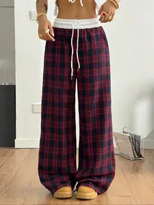 Women's Loose Fit Plaid Patchwork High Waist Casual Pants, All Seasons Comfortable Straight Leg Lounge Wear, Relaxed Style Homeewear, Casual Chic Bottoms