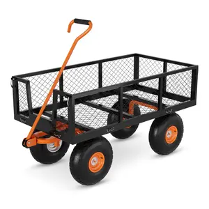Heavy Duty Steel Garden Cart 3 in 1 Pullable Garden Wagon with Removable Sides, 10 Inch Silent Roll Wheels, 180° Rotating Handle, Deep Steel Bed for Soil Tools Plants Mulch Yard Lawn Farm Outdoor Transport