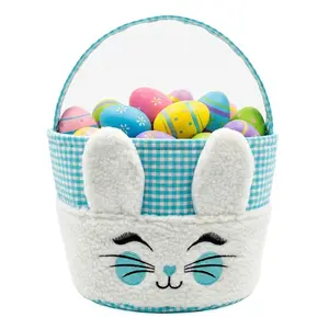 Plush Bunny Easter Basket for Adults, Plaid Easter Egg Hunt Bucket Bag with   Ears, Soft Plush Canvas Easter Candy  Tote