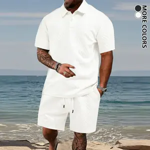 Men’s casual two-piece set: jacquard short-sleeve shirt with a crew neck and buttons, and jacquard shorts with a drawstring