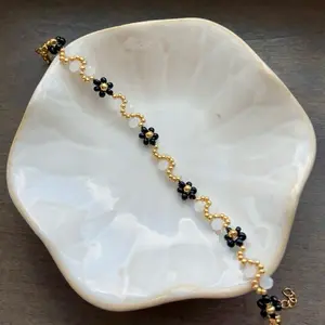 Gold Bead Bracelet, Black Beaded Flower Bracelet, Gold Seed Bead Bracelet, Adjustable Bracelet