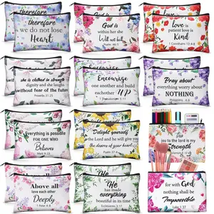 Qeeenar 24 Pcs Christian Makeup Bag Bible Cosmetic Bags Inspirational Bible Verse Toiletry Pouches Canvas Motivational Bag with Zipper for women Organize Cosmetics Toiletries Stationery(Floral)