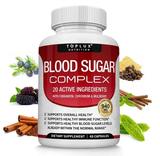 Blood Sugar Support Complex Capsules - GMP Certified 20-in-1 All-in-1 Vitamins Supplements with Cinnamon, Balanced Glucose & Metabolism Support, Reduces Post-Carb Fatigue, Non-GMO Vegan for Adults, 60 Capsules,
