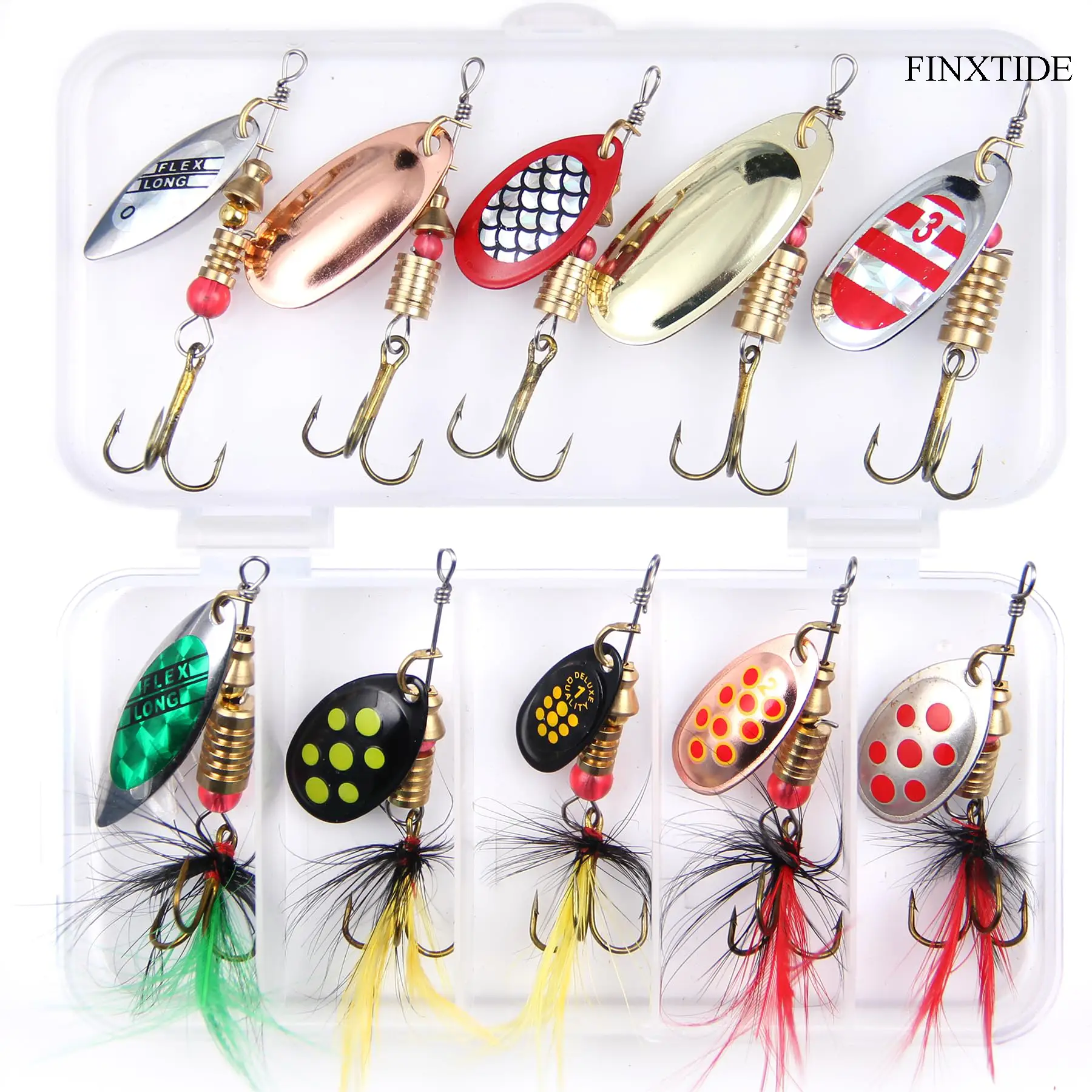 FINXTIDE 10pcs/box Fishing Lures Spinnerbait With Feathered Treble Hooks Rooster Tail Saltwater Fishing Lures Spoon Lures For Bass Salmon Trout Spinne