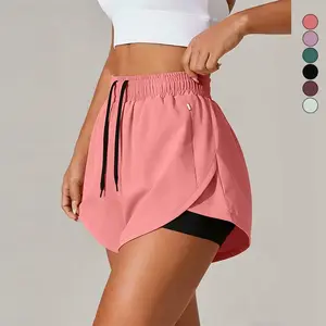 Women’s High-Waisted Running Yoga Athletic Shorts — Layered Design for Added Coverage, Zipper Pockets, Slimming Fit, Gym Workout