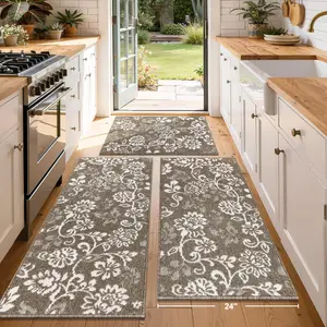 Boho Kitchen Rugs Sets of 3, Non Slip High-Low Textured Kitchen Mats for Floor with Rubber Backing, Paisley Floral Washable Carpet Runner for Hallways Entryway Laundry Sink (Brown & White)