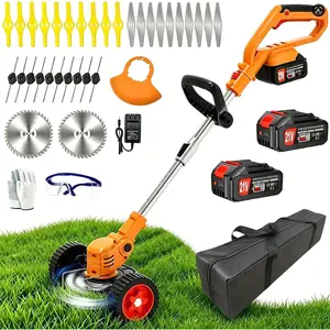 Weed Wacker Eater, 21V No String Trimmer Battery Powered, 3 In 1 Lightweight Grass Trimmer/Brush/Edger with Wheels, 4 Types Blade, Stringless Weed Trimmer for Lawn Yard