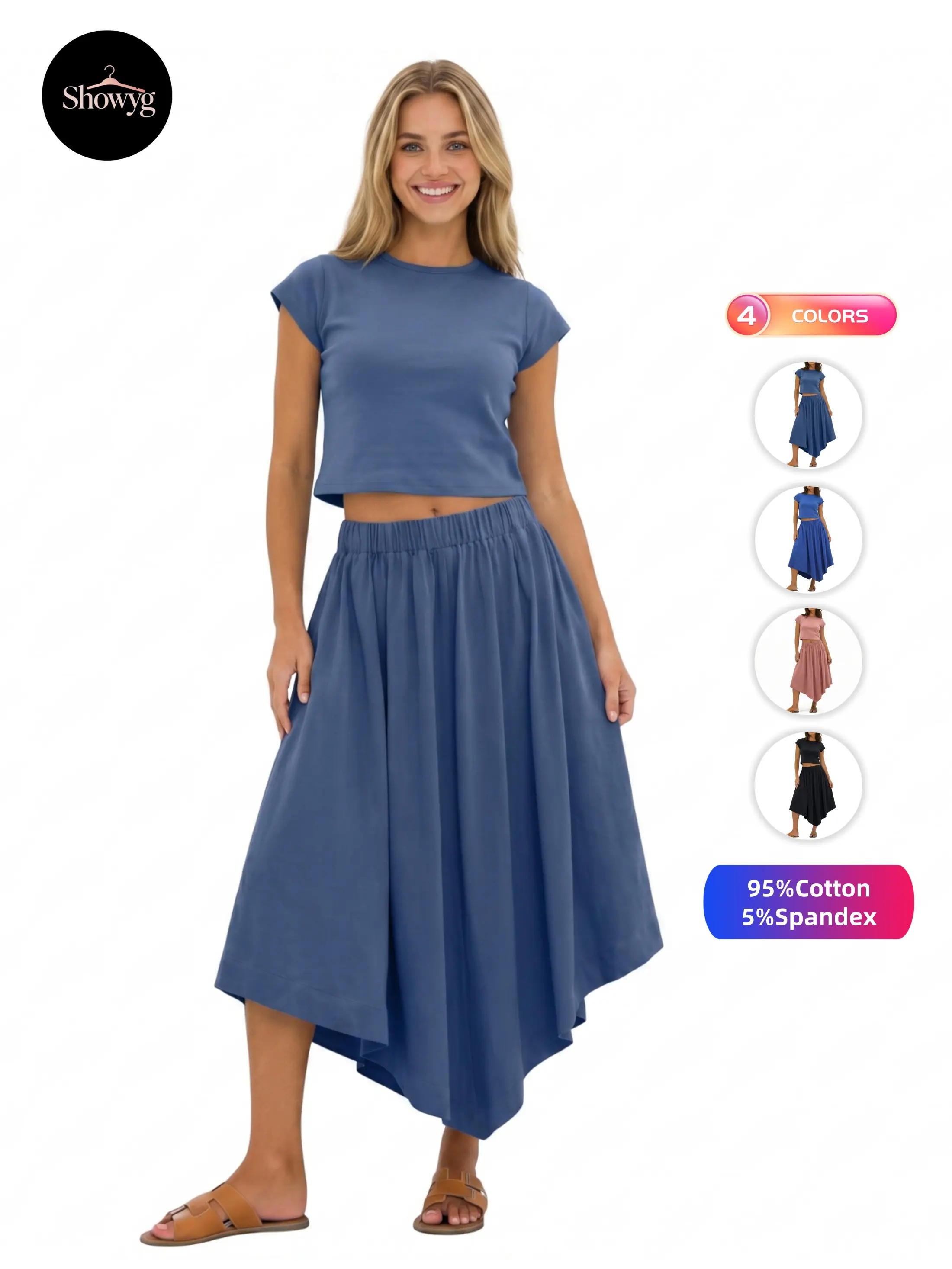 Showyg Women's 2-Piece Casual Outfit Set, Short Sleeve Fitted Cropped Top & Elastic Waist Asymmetric Midi Skirt, 95% Cotton 5% Spandex Blend, Versatile Daily & Lounge Wear Minimalist Bottom