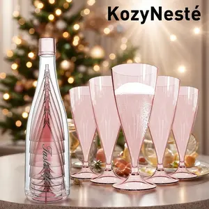 Exquisite Plastic Champagne Flutes, 5 Champagne Flutes in Wine Bottle, Shatterproof, Reusable, Plastic Champagne Glasses, Mimosa Glasses Set For Travel, Camping, Pool Parties, BBQ, Beach Parties, Easy to transport, clean and storage Drinkware