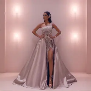 Women's 1-Shoulder Sequin Evening Gown with Detachable Overskirt, High Side Slit - Ideal for Prom, Gala Events