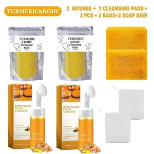 Family Bundle >>2PCS Lemon Turmeric Kojic Acid Soap Bars + 2 Turmeric Mousse Cleansers +2 CLEANSING PADS+ 2 soap dish – Natural Lemon,  Soap for Face & Body, Gentle Cleansing for All Skin Types, Ideal for Daily Use Perfect New Year's