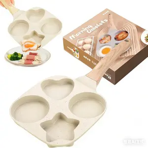 Multifunctional Non-stick Egg Frying Pan – 4 Holes Skillet with Wooden Handle, Non-stick Beige Cookware frying pan.Nonstick Woks,Medical Stone Omelet Maker for Pancakes, Burgers, Breakfast & Quick Cooking at Home.