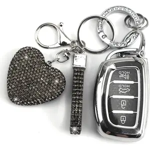 Key Fob Cover with Diamond Keychain Car Key Holder Case Compatible with Hyundai Elantra Ioniq Sonata Tucson Elantra GT Smart Remote Key Protector for Women, 4 Buttons (Black-Heart)