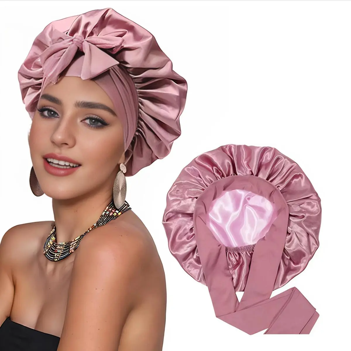 Satin Bonnet for Women, Adjustable Wide Band Sleep Cap with Long Tie Bow, Soft Hair Wrap for Curly, Braided, Natural & Long Hair, Helps Reduce Frizz and Breakage
