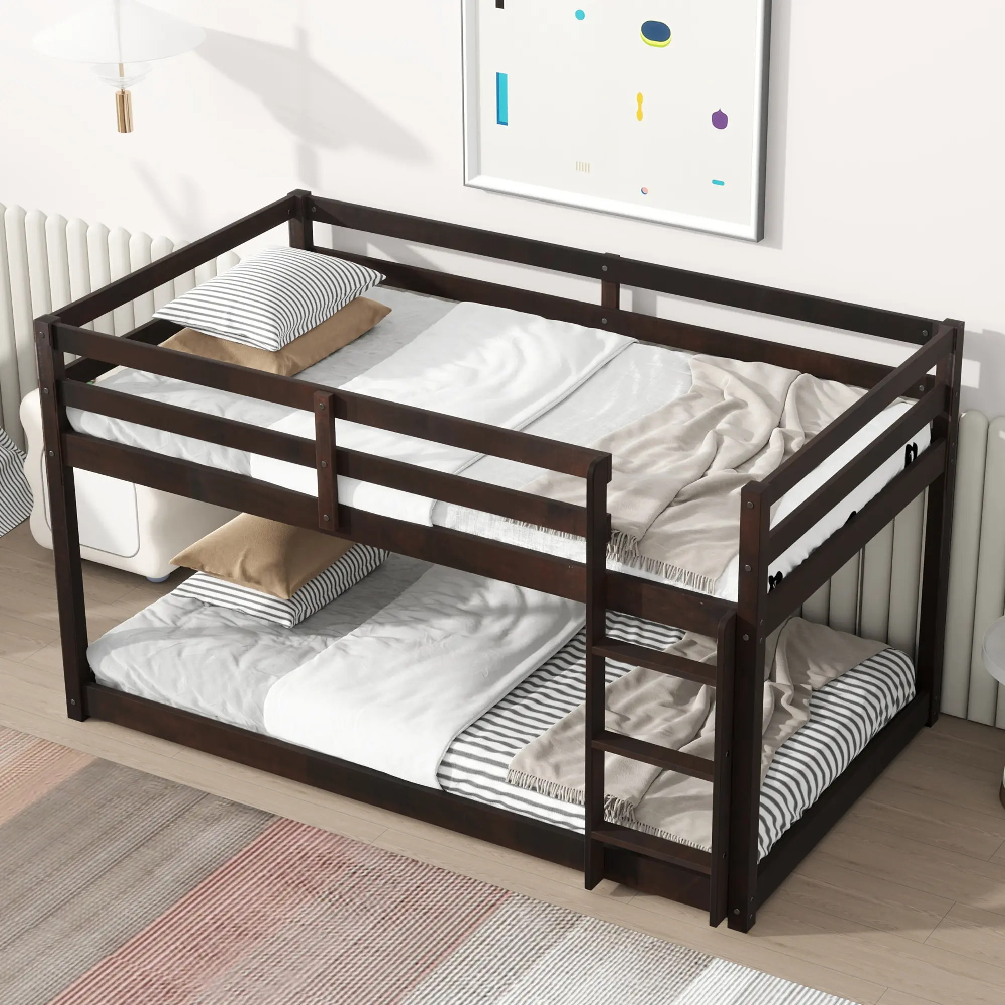 Low Bunk Bed Twin over Twin Solid Rubber Wooden Frame with Ladder and Strengthened Slats, Solid Wooden Floor Bunk Bed