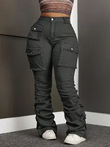 Women's Plus Size Work Pocket Washable Denim Pile Pants, Comfortable, Basic, Stylish and Fit Jeans for Everyday Wear, Perfect for Office and Casual