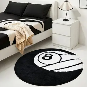 Ball Pool Rug, Soft Plush Bedroom Mat, Non-Slip Floor Carpet Pad, Casual Style, Round 8-Ball Design, Universal Setting, Decorative Area Rug