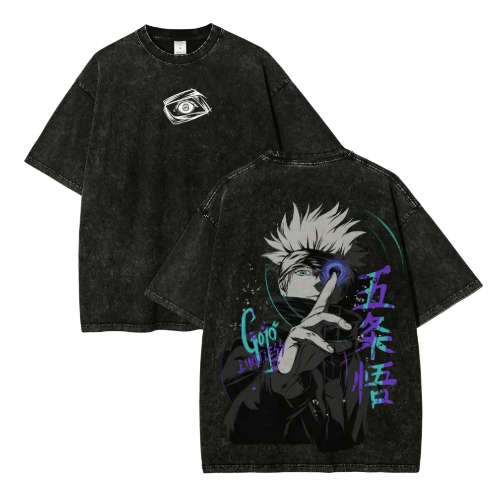 Jujutsu Kaisen JJK Satoru Gojo Oversized Graphic Tee Vintage Acid Wash Anime T Shirt Y2K Streetwear Gym Pump Cover Hollow Purple Retro Manga Merch Tiktok Finds Trendy Dark Aesthetic Workout Fit Casual Top Japanese Activewear Mens Six Eyes