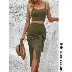 Women's Solid Ribbed Wrap Skirt Set, Casual Sleeveless Crop Cami Top & Knot Front Split Skirt, Ladies Clothes for Summer（gift）Gift