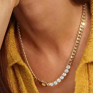 Serelune Jewelry B Tennis Necklace for Women, Gold Choker Chain Necklace with Chunky Cuban Link and Stone-Look Tennis Chain, Fashion Necklace for Women