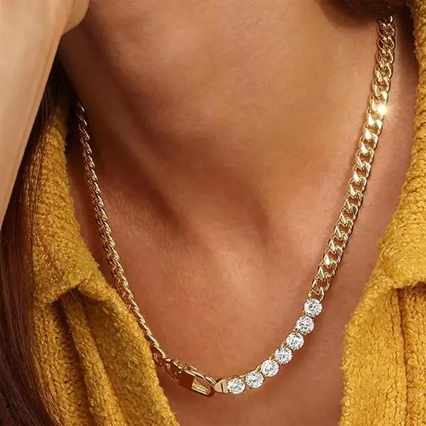 Serelune Jewelry B Tennis Necklace for Women, Gold Choker Chain Necklace with Chunky Cuban Link and Stone-Look Tennis Chain, Fashion Necklace for Women