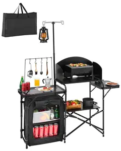 Camping Kitchen Table Portable Outdoor Cook Station With Storage And Windshield Aluminum Construction For Camp Cooking, Hiking, RV, Picnic Use, Lightweight Durable Table, Weather Resistant, Easy Setup, Stable Support