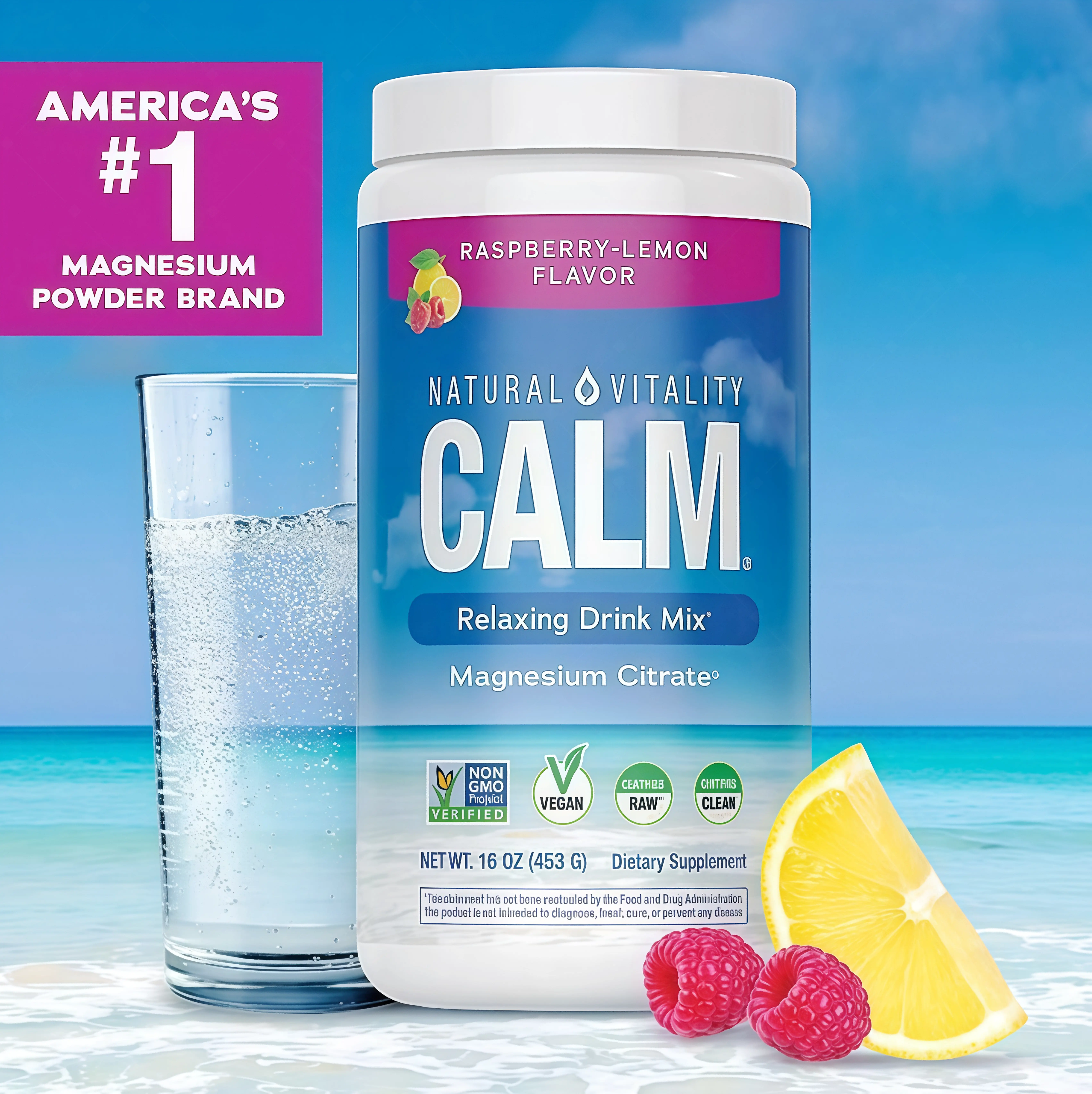 MaxCalm Relaxing Drink Mix BF- Anti Stress Drink Mix - With Ionic Magnesium Citrate + Glycinate - Raspberry Lemon Flavor - 16 oz (453 g) - 113 Servings