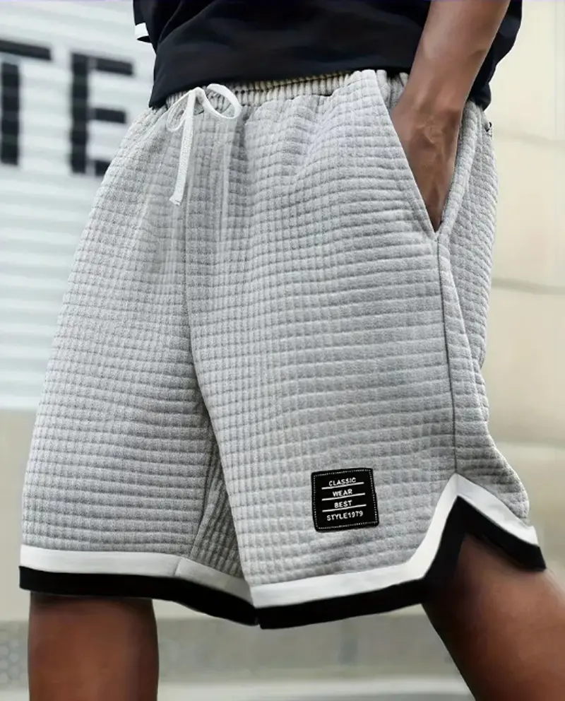 Men’s waffle-knit casual shorts with an elastic drawstring waist and contrast trim; classic vintage athletic shorts for everyday wear and street fashion, Menswear, Stylish, Plaid, Mid Waist tiktokshopspringglowup