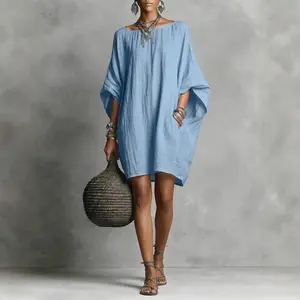 2026 Women's Vintage Solid Color Elegant Long Sleeve Off-Shoulder Midi Casual Cotton Linen Dress