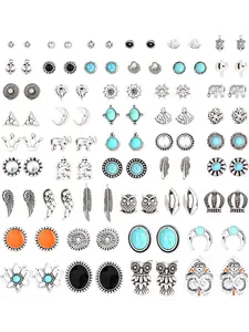 46 Pairs Vintage Multiple Assorted Boho Stud Earrings for Women Simple Geometric Stud Earrings Set Round Turquoise Earrings for Men Stainless Steel CZ Elephant Moon Feather