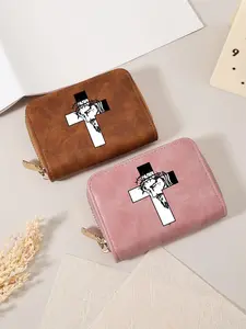 Minimalist Cross Print Short Wallet, Casual Versatile Credit Card Wallet, Zipper Coin Wallet, Men's and Women's Card Bag, Zipper Card Holder