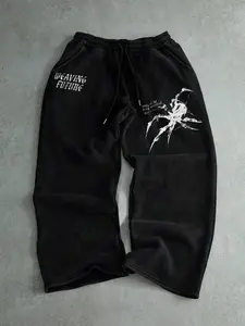 Men's Knit Sweatpants with Spider & Letter Print, Elastic Waist & Straight Leg Design, Casual Streetwear for Skateboarding, Parties, City Walks