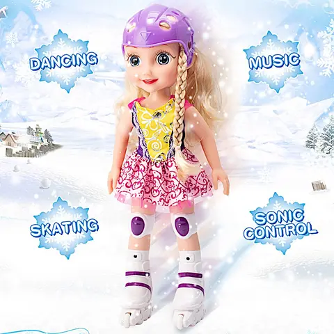 14-in Blonde Curly Ponytail Blading Skates Doll for 3-4 Years Kids, Interactive Play Toy with Inline Rollers, Auto Retreat, Clap Activation, Music, Fashion Dress, Social Skill Development, Requires 4 AA Batteries