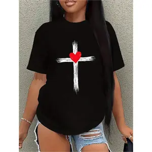 Graphic T Shirt Black Short Sleeve Crew Neck Cross And Heart Print Faith Inspired Casual Summer Streetwear Top For Church Weekend And Everyday Wear