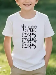 Cute Fish and "Little Fish Little Fish" Print Soft Breathable T-Shirt |   Short Sleeve Crew Neck, Perfect for Summer, Suitable for Swimming, Fishing, and Playing, Machine Washable Casual Sportswear