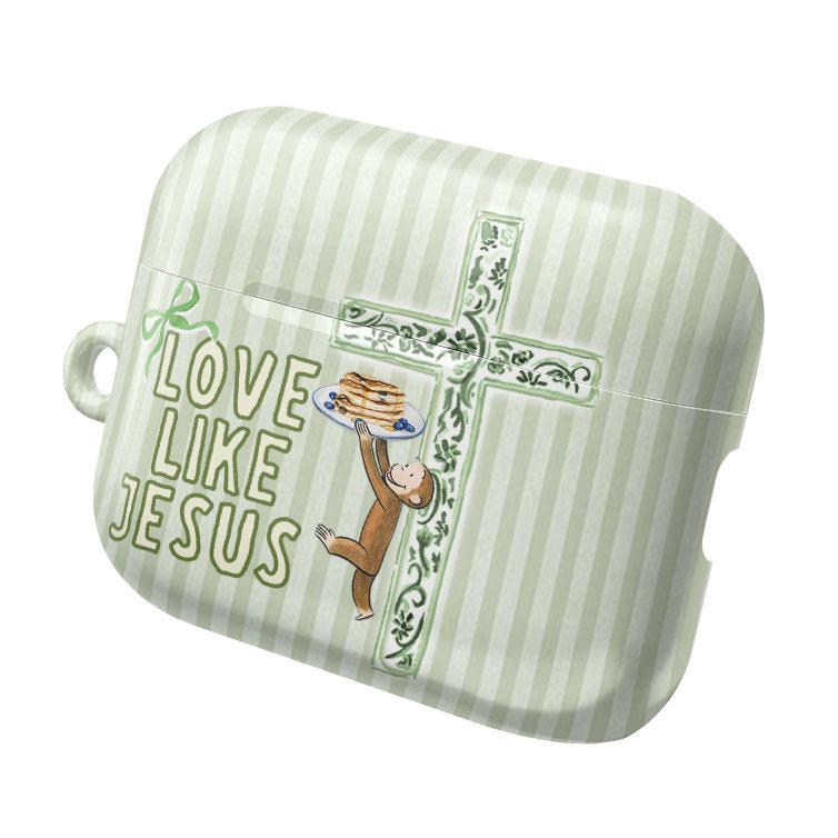Coquette Curious George “Love Like Jesus” AirPods Case – Cute Christian Faith Cover – AirPods Pro/Pro 2, AirPods 1/2/3/4 Case– Inspirational Gift for Her & Him