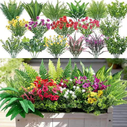 24 Pcs Artificial Flowers & Plants, UV Resistant, Fade-Proof Plastic Greenery for Home, Garden, Porch, Indoor/Outdoor summerwins