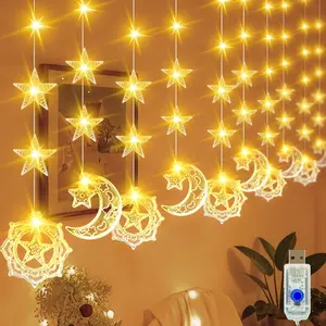 1pc 4.9m 80LED Moon & Star Leather-Look Wire Curtain Light, Contemporary Space Theme, Perfect for Indoor Wall and Bedroom Decoration, Wedding Parties, and Festive Occasions like Ramadan, Eid al-Fitr, and Eid al-Adha