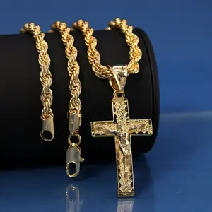 Nugget Jesus Cross Pendant Rope Chain 14k Gold Plated
