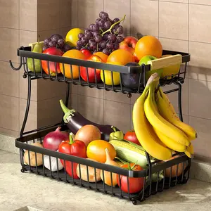 [New deal] 2 Tier Fruit Basket for Kitchen Counter with 2 Banana Hangers, 2025 Pro Detachable Metal Fruit Bowl Black Organiser Food Storage Organizer