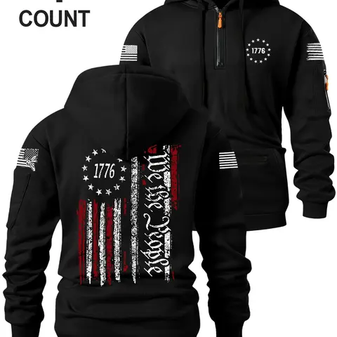 Men's Fall Winter Hooded Sweatshirt, Flag Print Design, Zipper Pocket Detail, Casual Loose Fit, Perfect for Holidays & Daily Wear