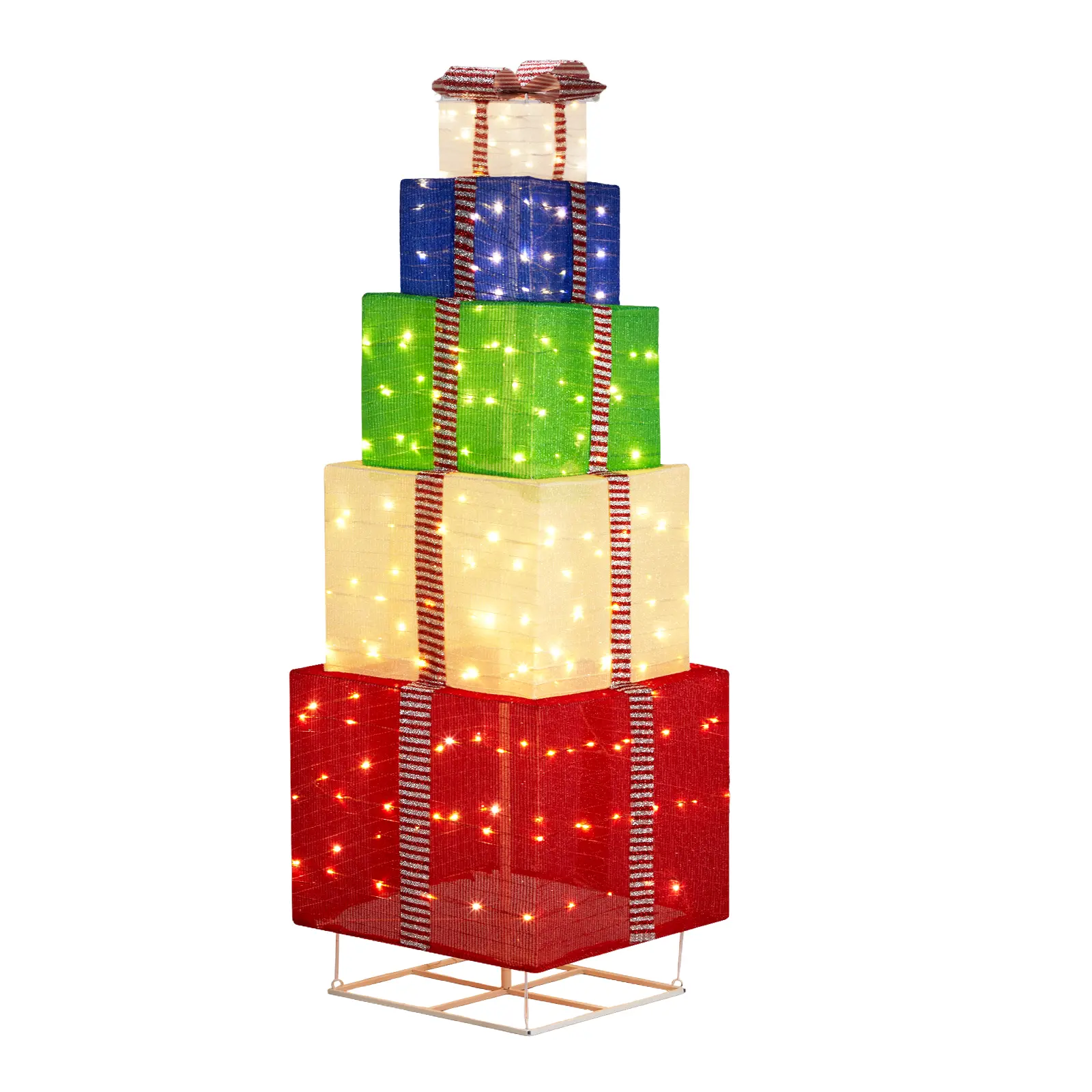 6FT Lighted Gift Box Tower, Pre-lit Pull Up Present Boxes with 200 LED Warm White Lights and Ropes Stakes for Christmas Outdoor Indoor Decorations Lighted Holiday Displays, Multicolor